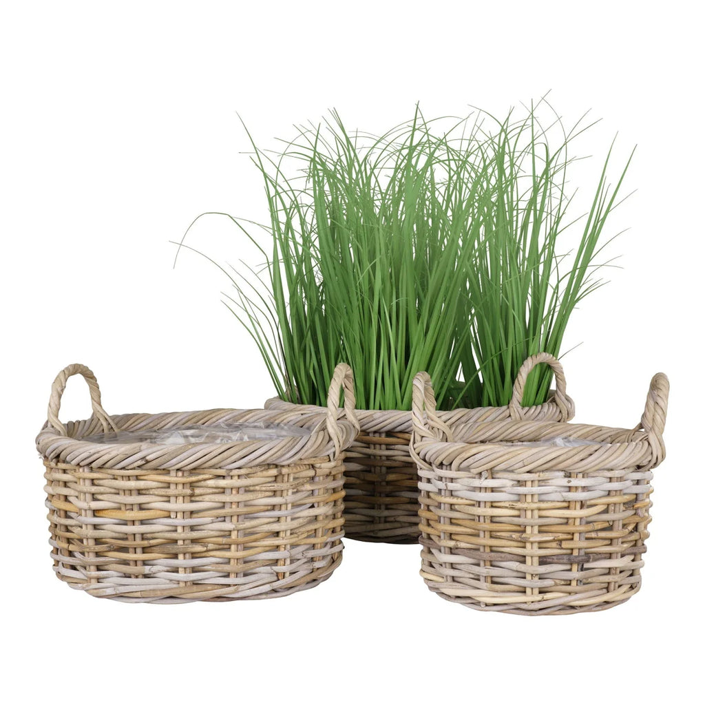 Set de 3 paniers ronds en rotin tressé gris avec anses