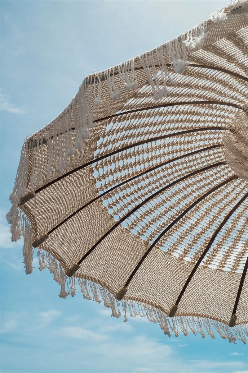 Parasol en macramé balinais 180 cm avec pied en bois