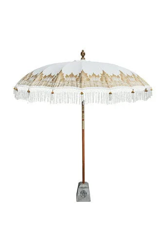 Parasol rond crème à franges et bordures dorées pour extérieur – Ø180 cm