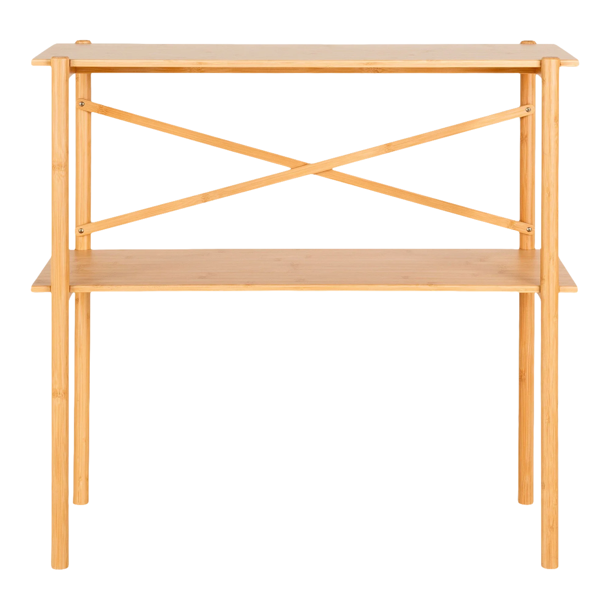 Console en bambou naturel avec deux étagères et structure croisée, 83x32 cm