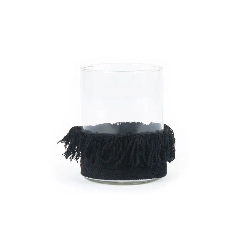 Photophore en velours noir – Franges décoratives – H13cm