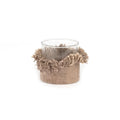 Photophore en verre base tressée beige avec franges déco chaleureuse