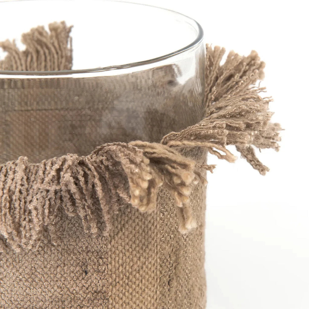 Photophore en verre base tressée beige avec franges déco chaleureuse