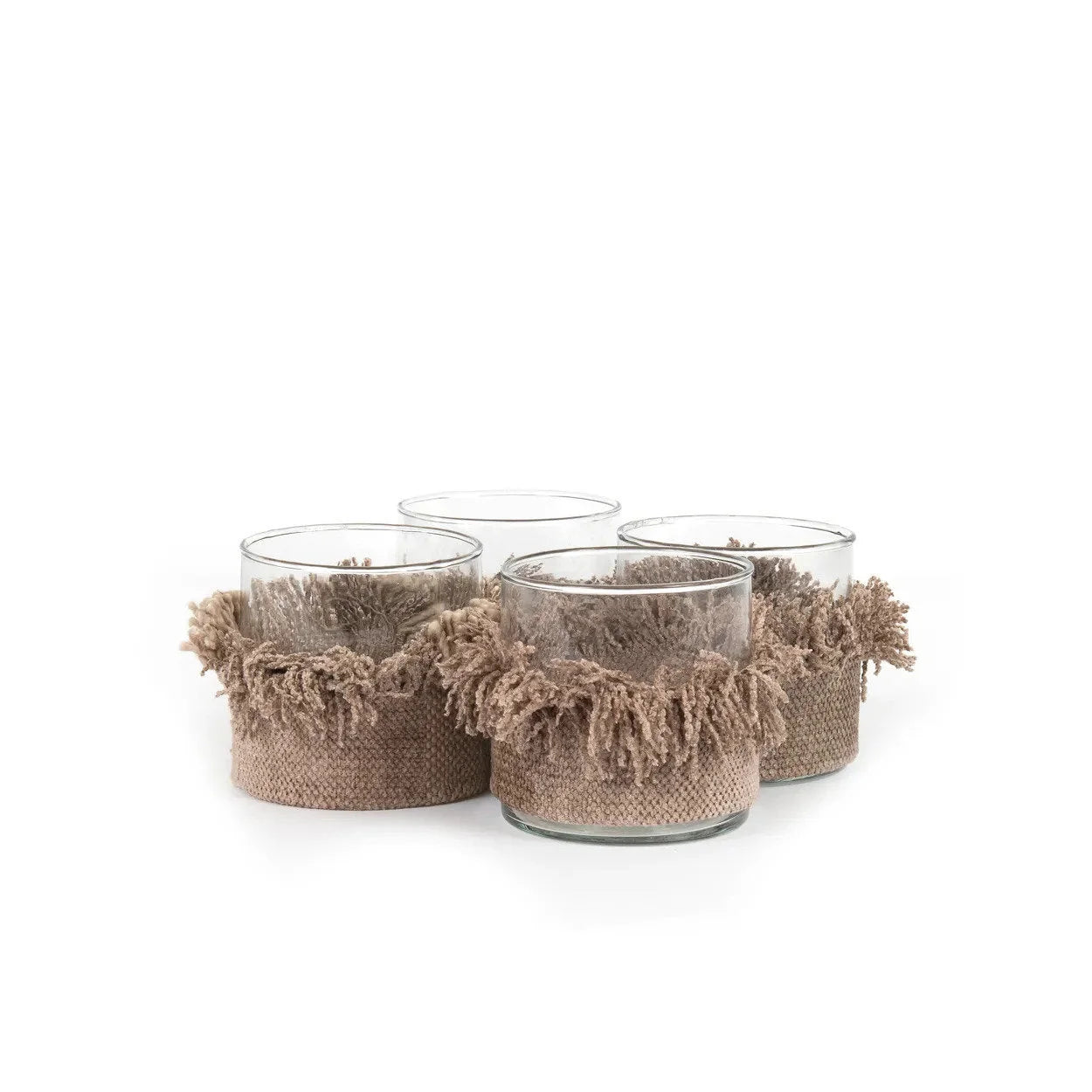 Photophore en verre base tressée beige avec franges déco chaleureuse