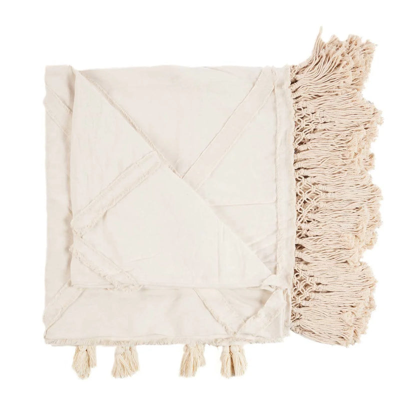 Plaid en coton écru à franges et pompons décoratifs – 240x300 cm