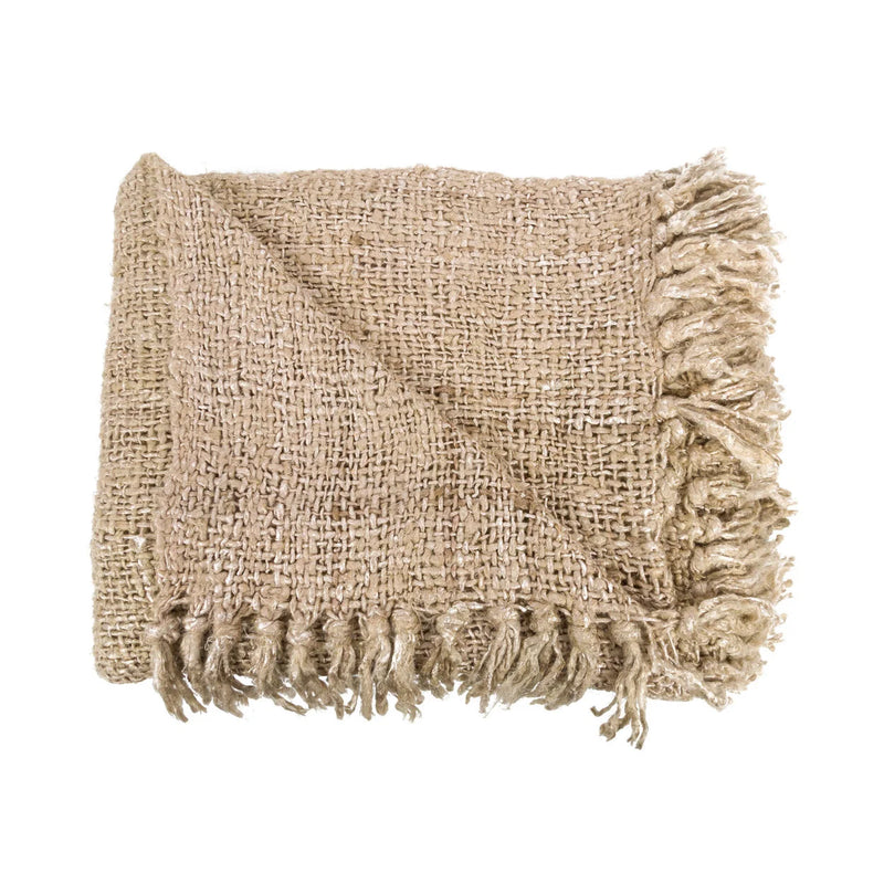 Plaid en coton tissé beige à franges déco lit ou canapé – 130x170 cm