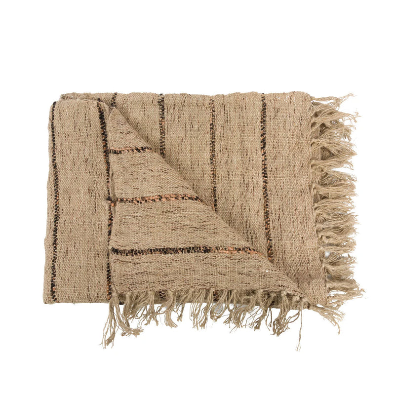 Plaid en coton tissé beige rayé avec franges déco canapé ou lit