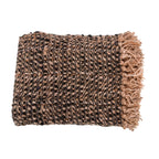 Plaid en coton tissé noir cuivre à franges chevrons, 130x170 cm, avec motif marron et noir