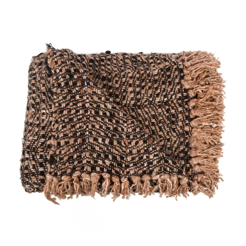 Plaid en coton tissé noir cuivre à franges chevrons – 130x170 cm