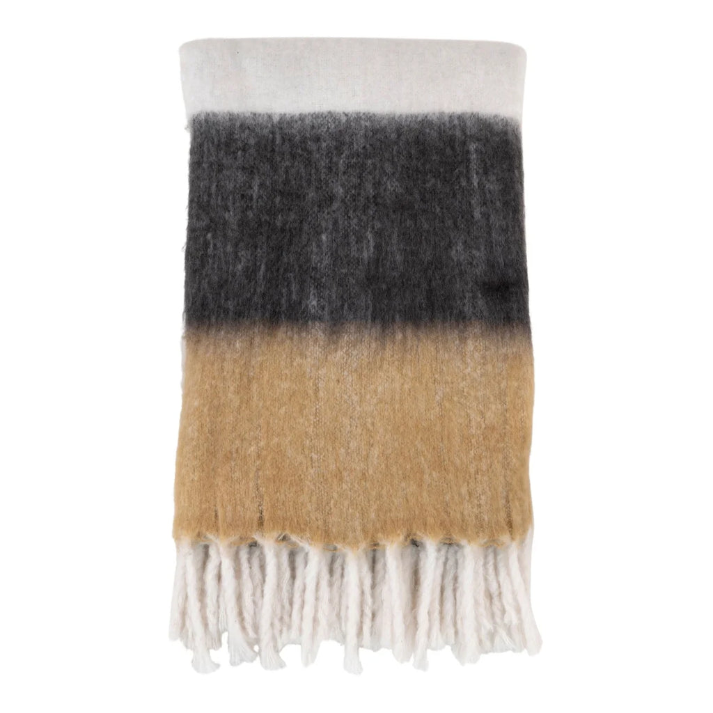 Écharpe duveteuse à franges camel et anthracite rayée crème-gris