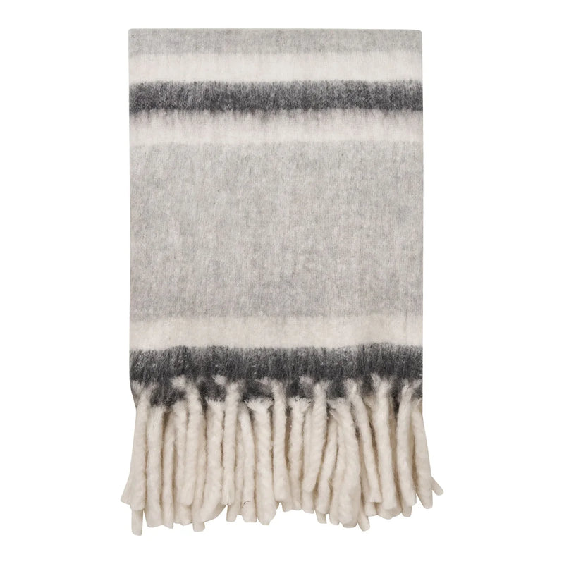 Plaid duveteux à rayures gris blanc avec franges longues – 130x170 cm