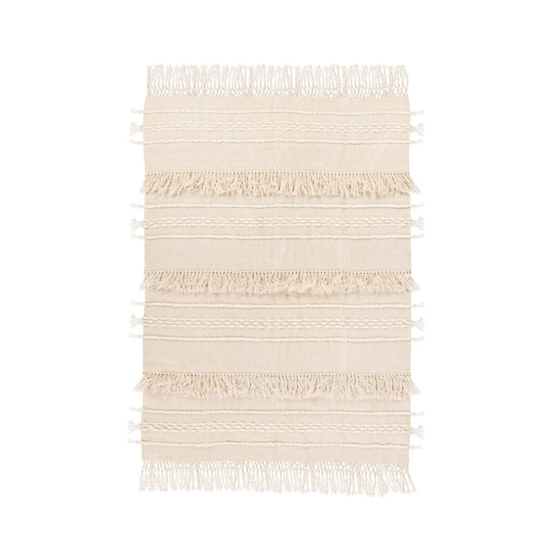 Plaid en laine écrue à franges et motifs en relief – 130x170 cm