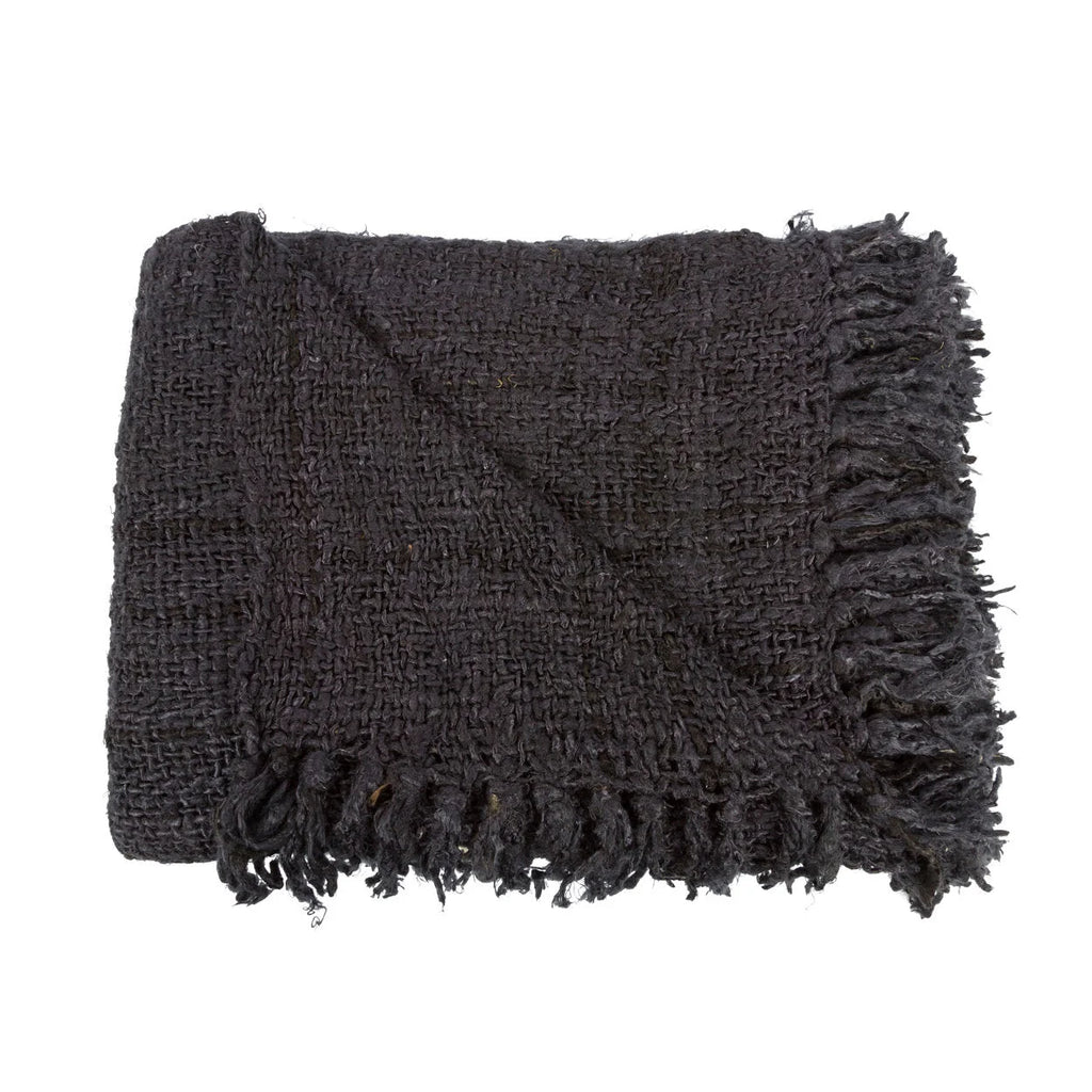 Plaid rectangulaire en coton tissé noir avec franges, couverture en gris foncé
