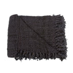 Plaid rectangulaire en coton tissé noir avec franges, couverture en gris foncé