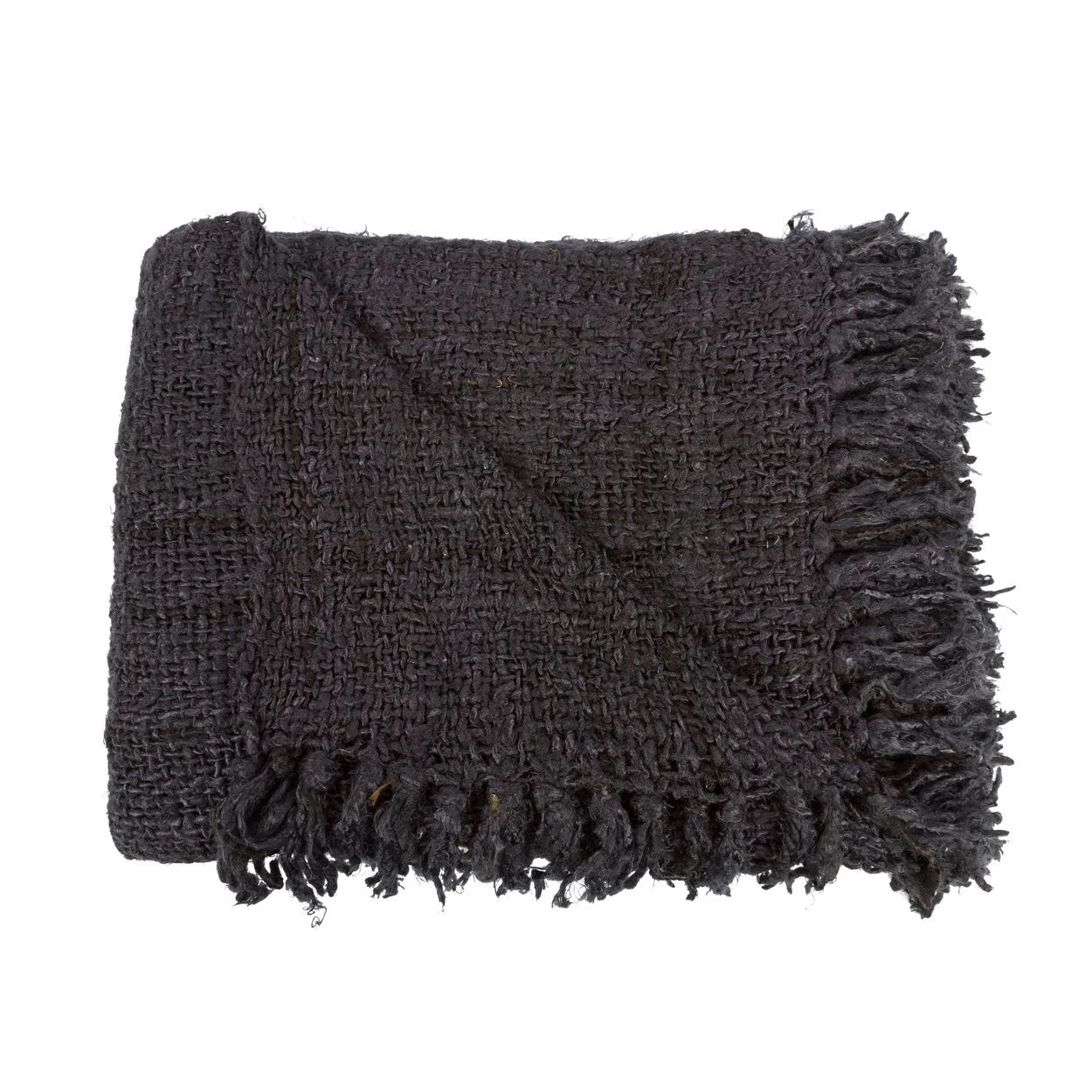 Plaid rectangulaire en coton tissé noir avec franges, couverture en gris foncé