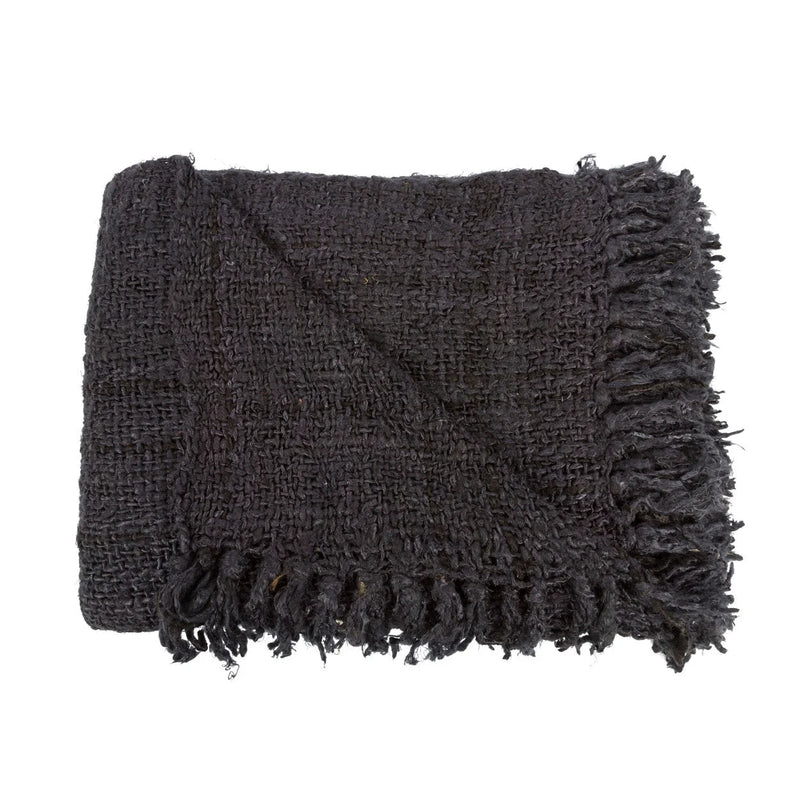 Plaid rectangulaire en coton tissé noir avec franges