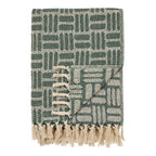 Couverture tissée réversible en coton recyclé vert et écru à franges, 130x180 cm