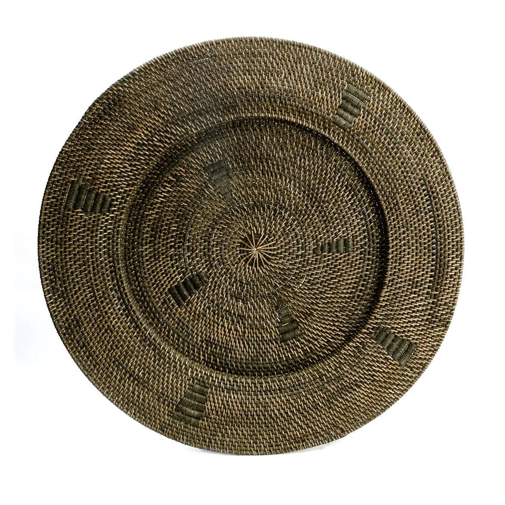 Plateau mural rond en rotin tressé brun avec motifs ethniques, diamètre 80 cm