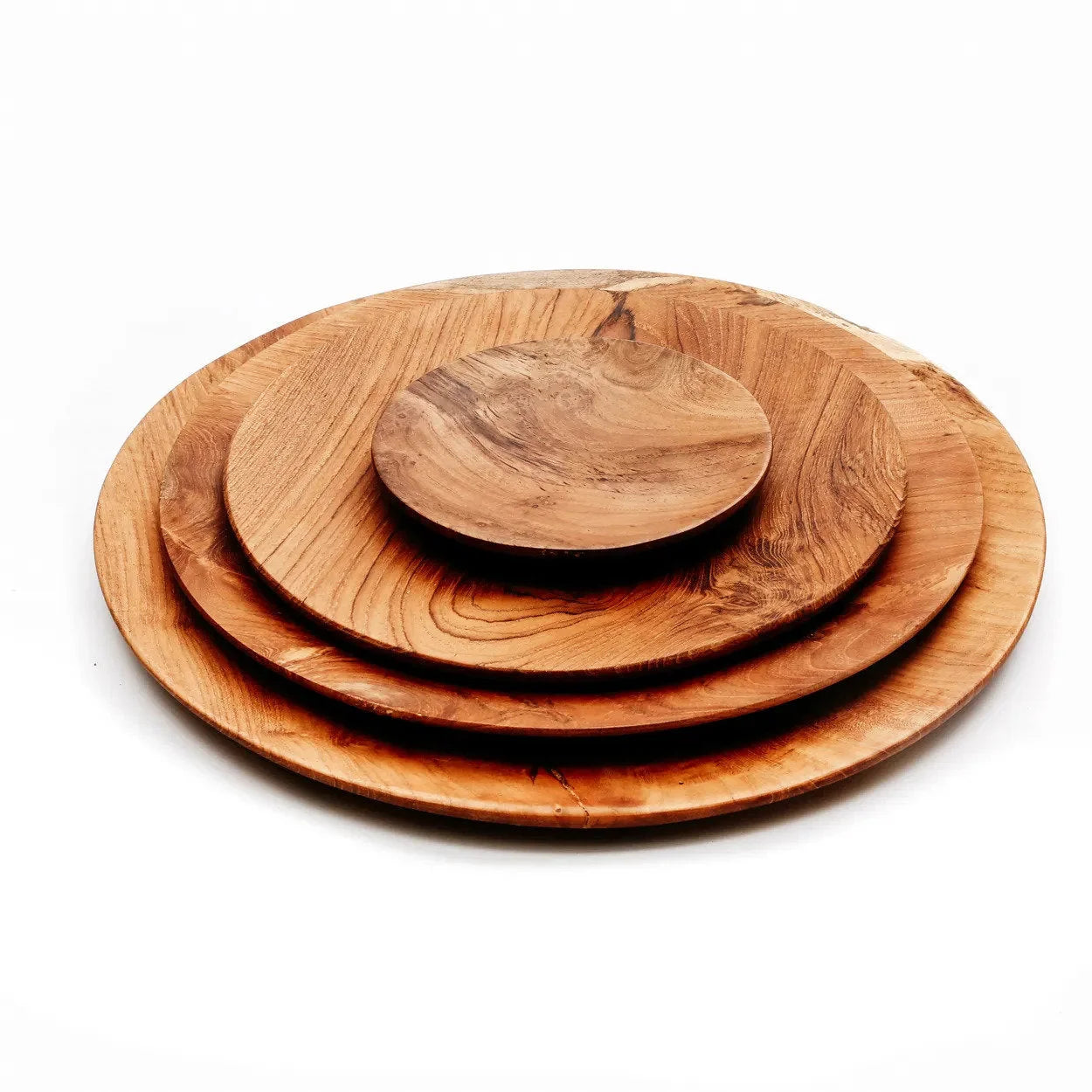 Ensemble de trois plateaux ronds en racine de teck avec grain naturel, diamètre 25 cm