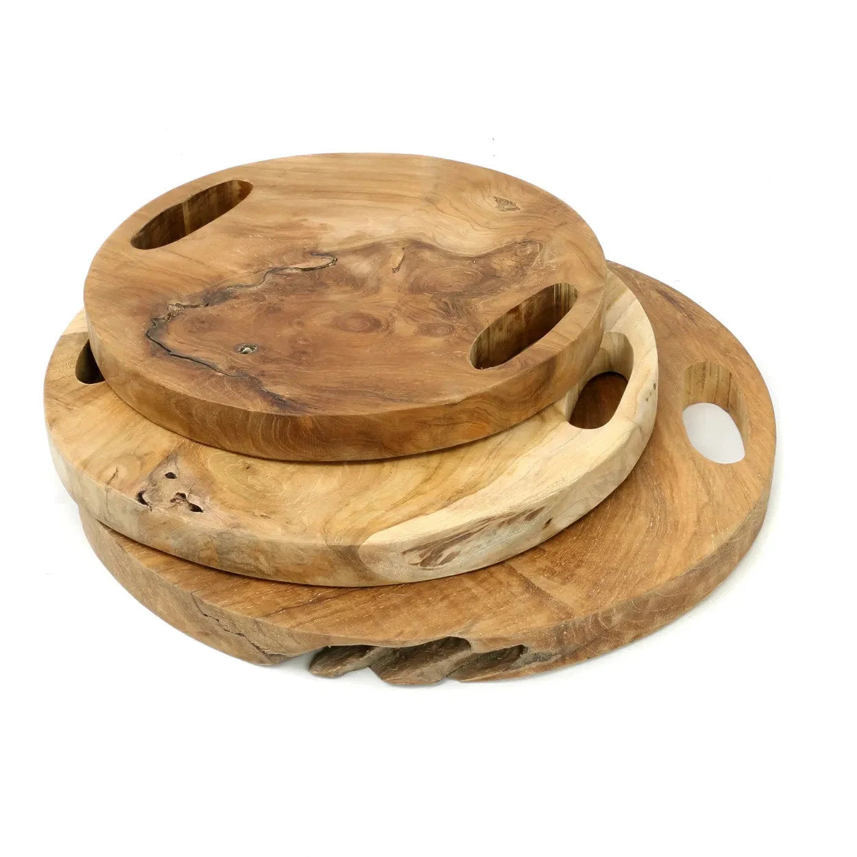 Plateau rond en racine de teck avec poignées en bois clair, diamètre 35 cm