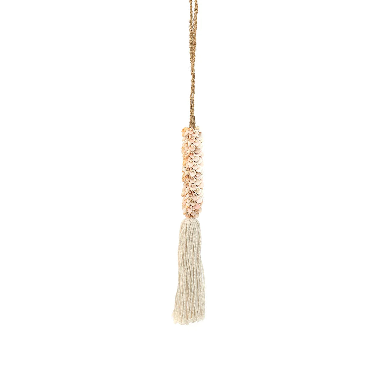 Pompon mural avec coquillages naturels et coton écru rose, attache rideau beige coquillage et gland