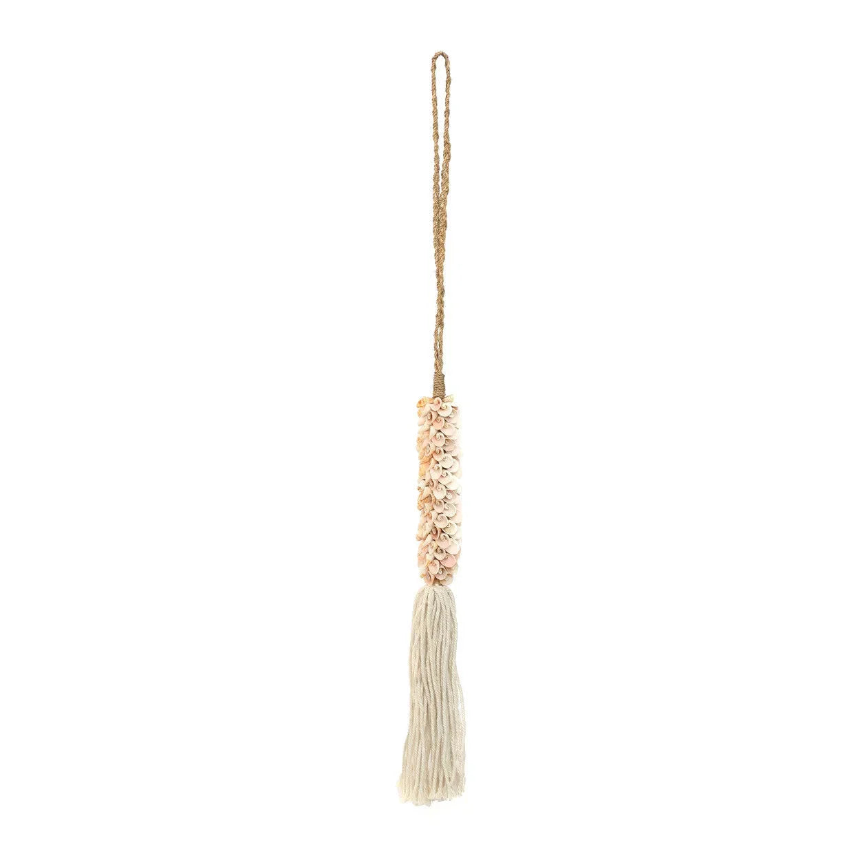 Pompon mural avec coquillages naturels, coton écru rose et pompons