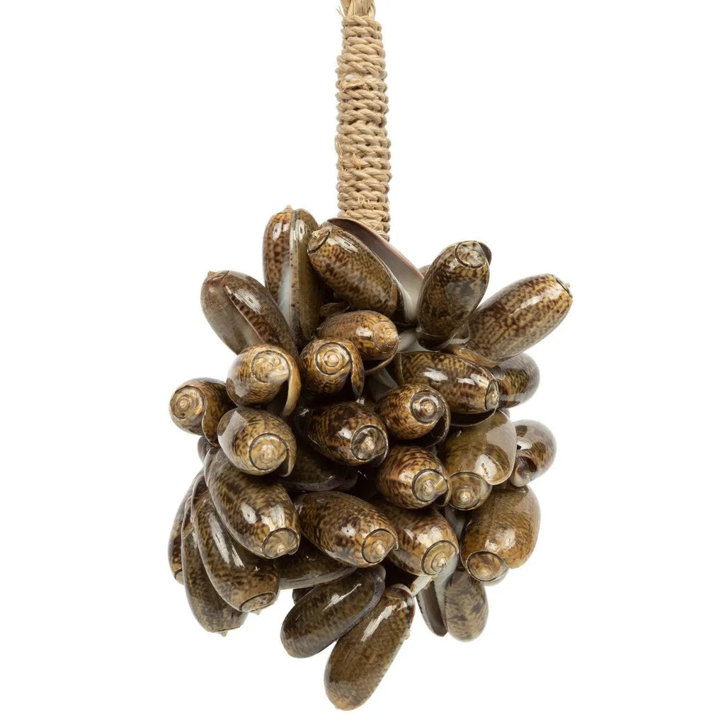 Râteau décoratif en coquillages naturels marron suspendu par une corde tissée