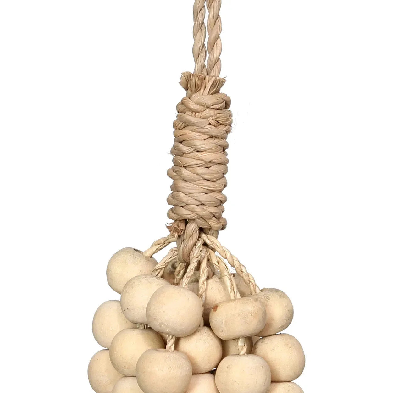 Pompon suspendu en perles de bois naturel fait main avec corde en fibre naturelle