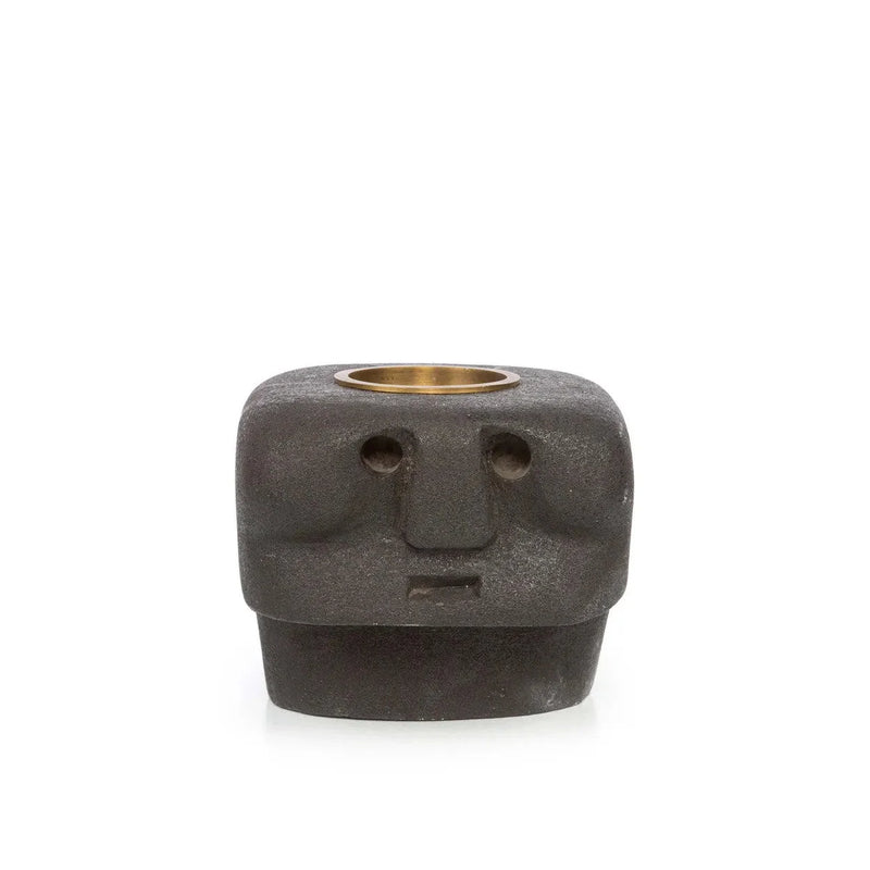Porte-bougie en grès noir sculpté visage stylisé