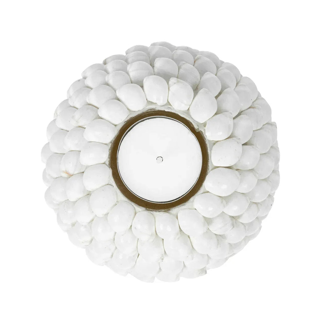 Porte-bougie rond en coquillages blancs finition perlée avec cupule tealight