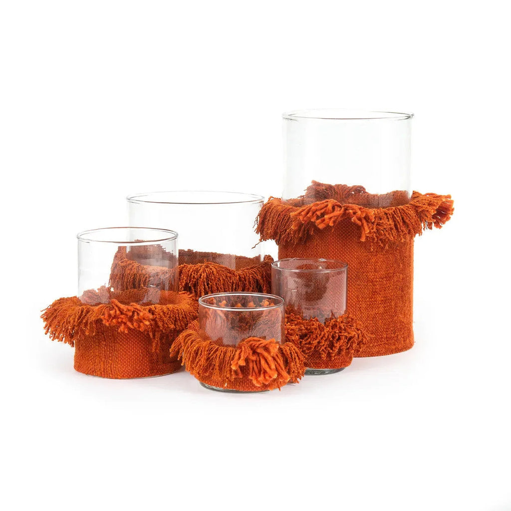 Porte-bougie en velours rouille avec franges décoratives