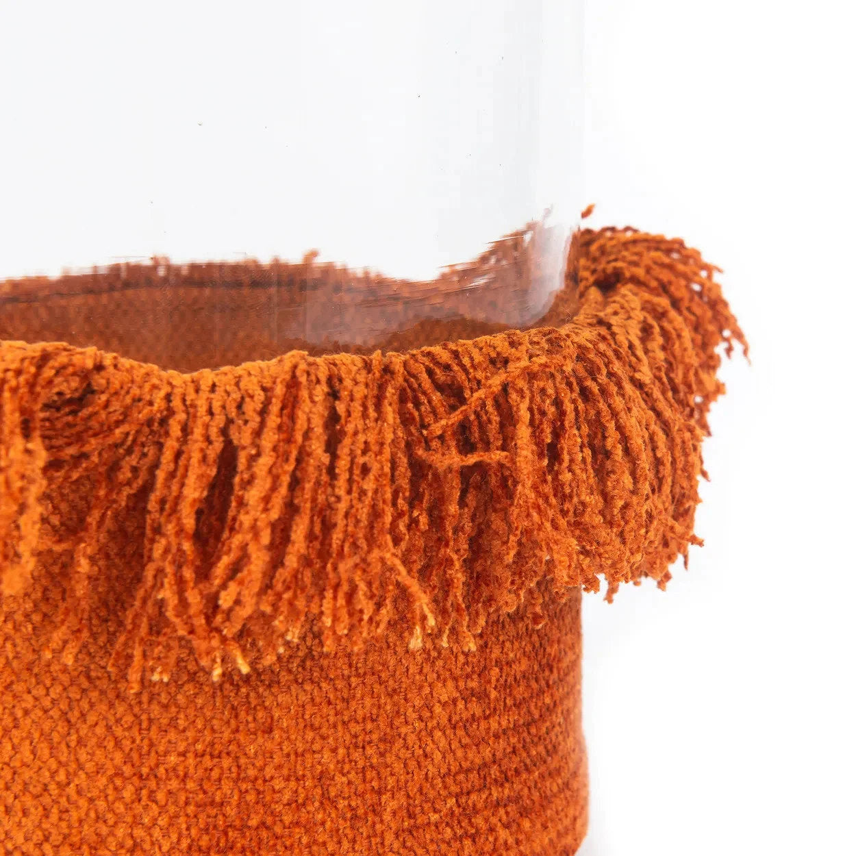 Porte-bougie en velours rouille avec franges décoratives
