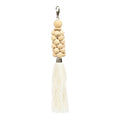 Porte-clés pompon écru perles bois mousqueton argent