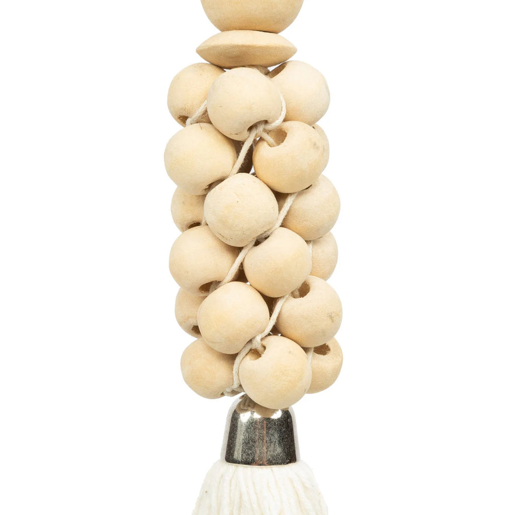 Collier pompon écru perles bois naturel franges blanches accents argent