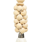 Collier pompon écru perles bois naturel franges blanches accents argent