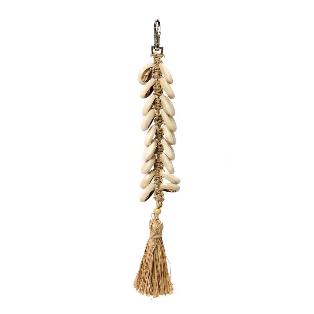 Porte-clés raphia blanc naturel coquillage beige pompon tressé