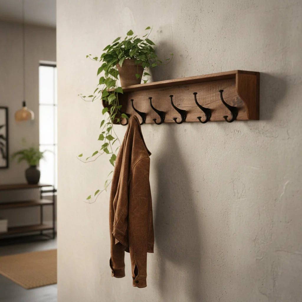 Porte-manteau mural bois recyclé rustique 80x10 cm avec 5 crochets et plante