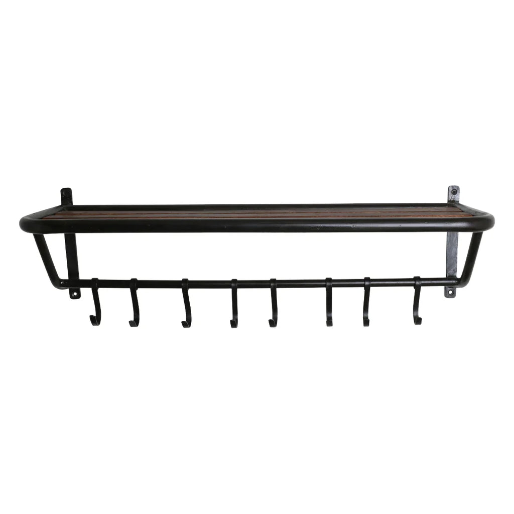Porte-manteau mural en métal noir avec plateau en bois recyclé, 84x25 cm