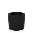 Pot en terre cuite noir sur socle bois teck H36 cm, cylindre en noir mat avec finition lisse