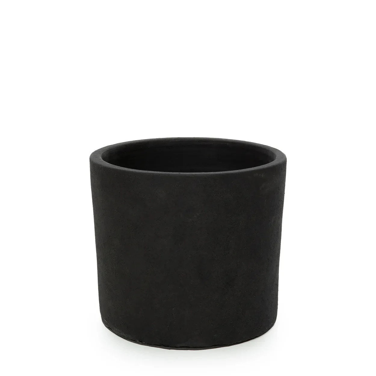 Pot en terre cuite noir sur socle bois teck H36 cm, cylindre en noir mat avec finition lisse