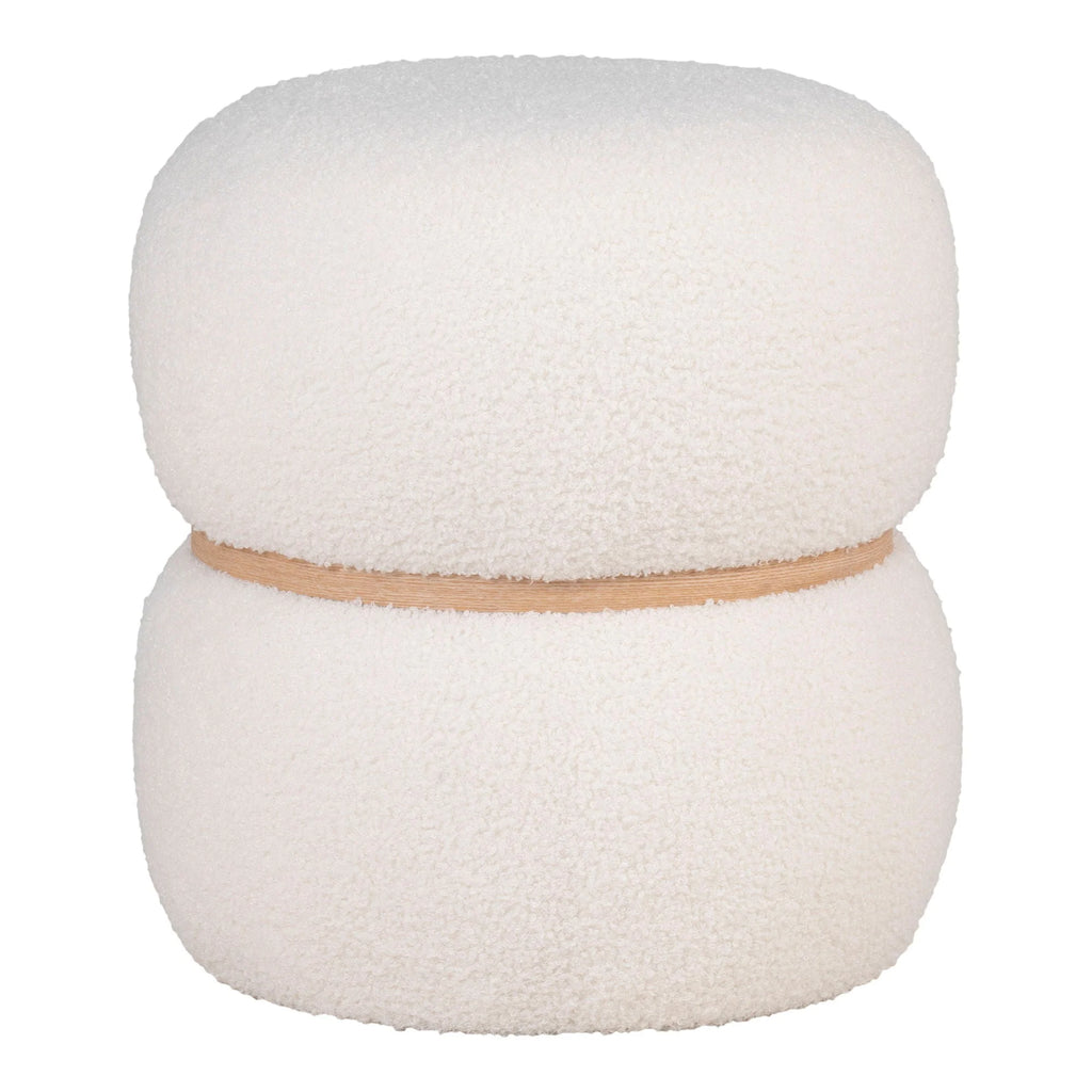 Poufs bouclé écru forme champignon avec ceinture bois clair, Ø38x41 cm