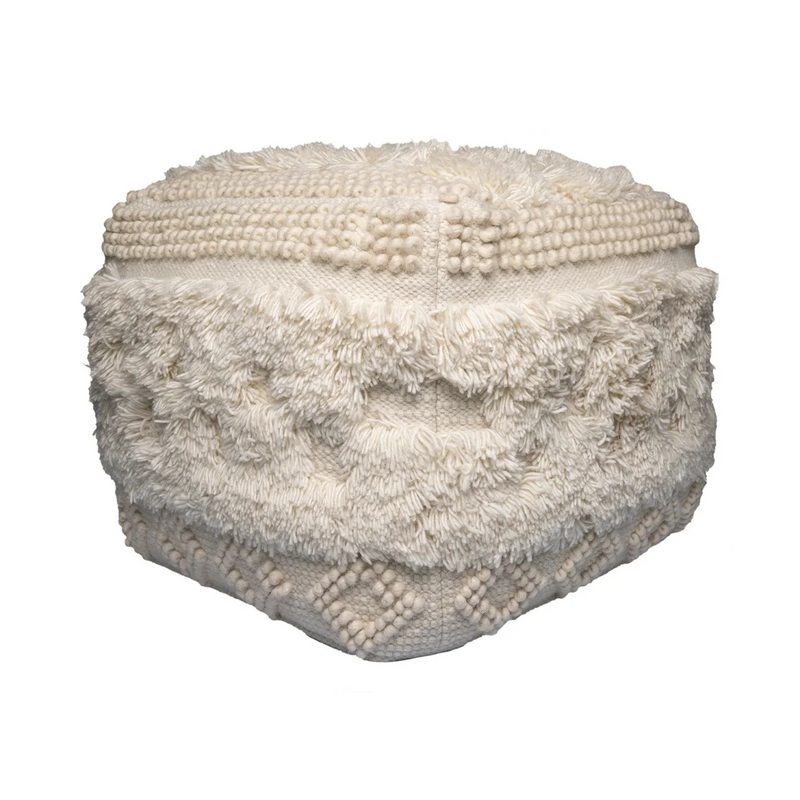 Pouf carré en laine écrue avec franges et pompons – 50x50 cm