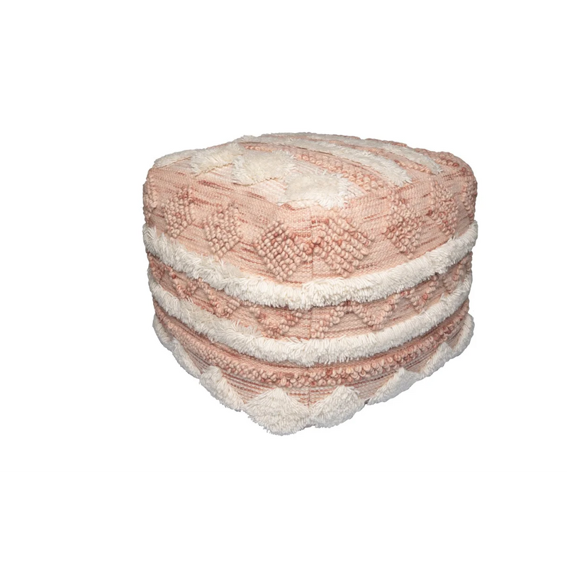 Pouf carré tissé rose et crème à franges en laine – 50x50 cm