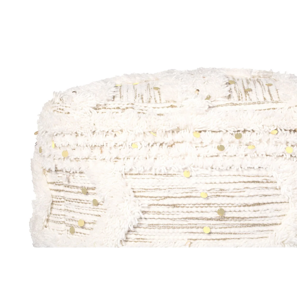 Pouf carré en coton crème khaki avec franges et sequins or et blanc, 50x50 cm