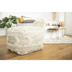 Pouf carré en coton crème khaki avec franges, paillettes et motif géométrique