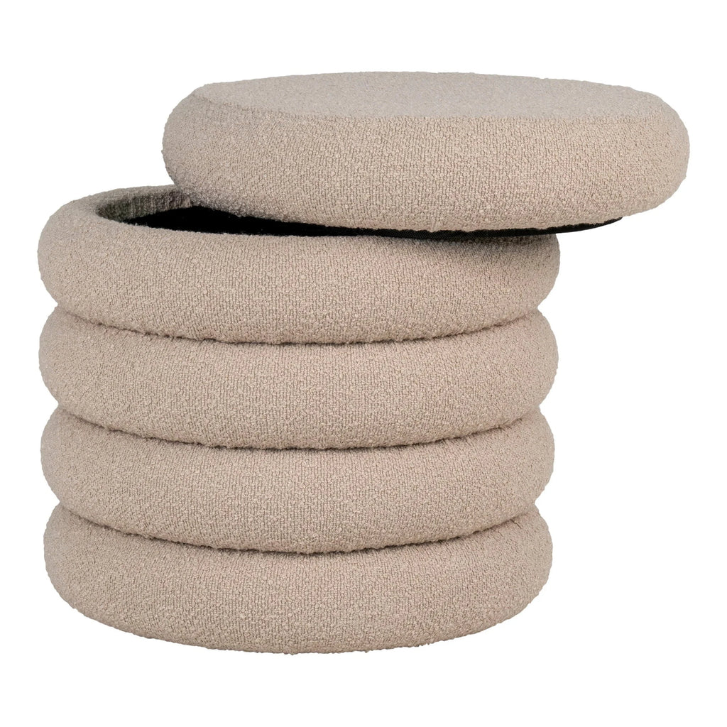 Poufs rond bouclé beige avec rangement, Ø44 cm, tissu texturé