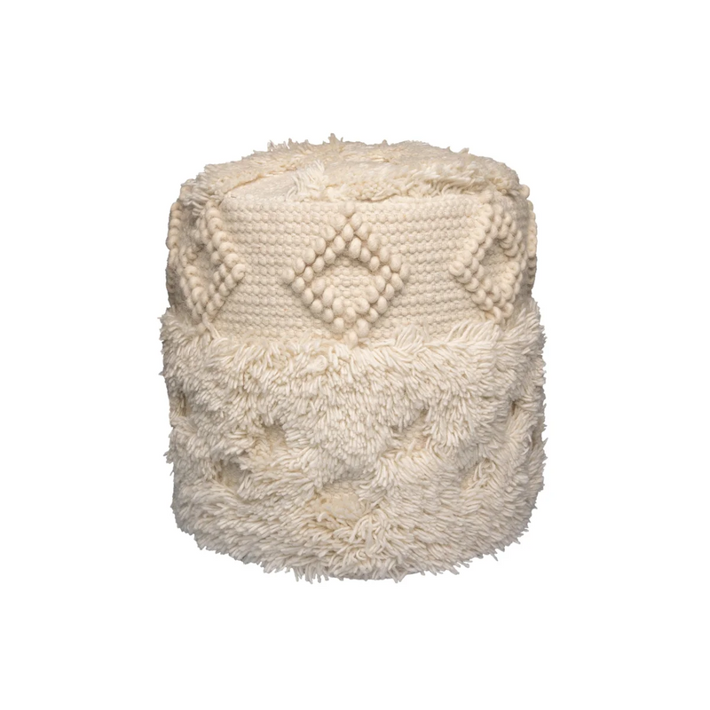 Pouf rond écru tissé à pompons en laine et coton – Ø35 cm