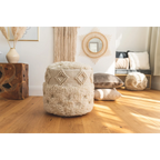 Pouf rond écru en laine et coton avec motif en diamant et frange shaggy