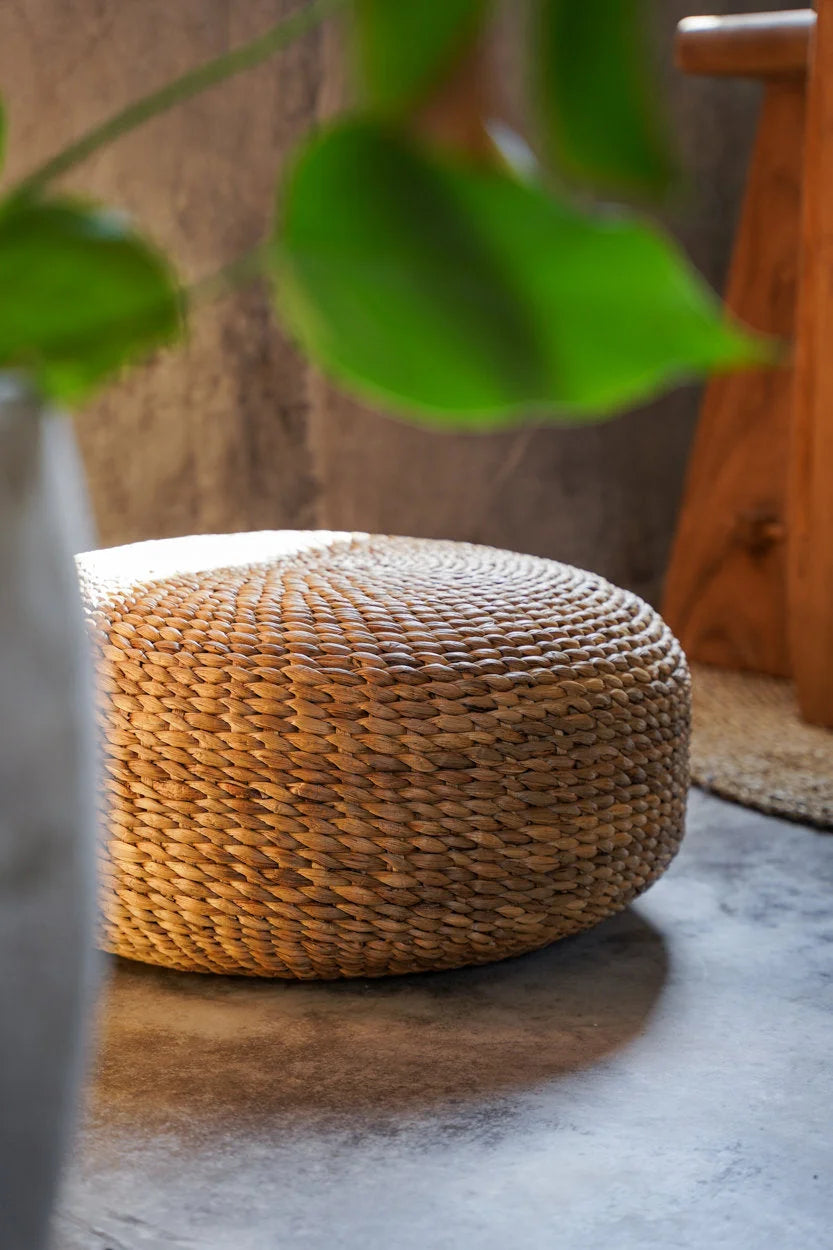 Coussin rond en jacinthe tressée naturel de 60 cm pour salon ou chambre