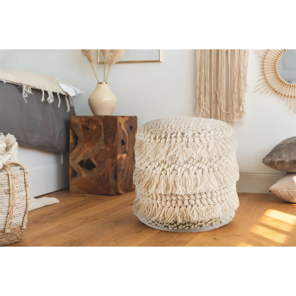 Pouf rond en laine écrue avec franges et pompons, diamètre 35 cm